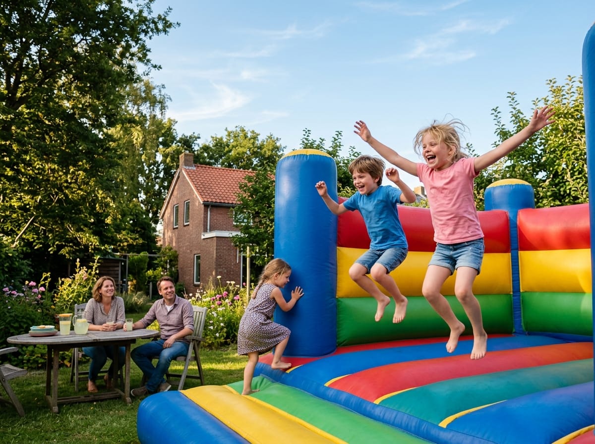 Kinderen springen op een kleurrijk springkussen in een Nederlandse achtertuin, ouders kijken toe vanaf de tuintafel