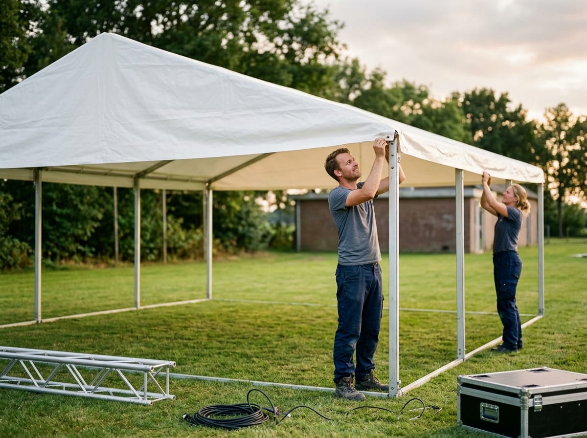 Twee mannen zetten een grote partytent op een dorpsplein op, met kabels en een lichtbrug op het gras
