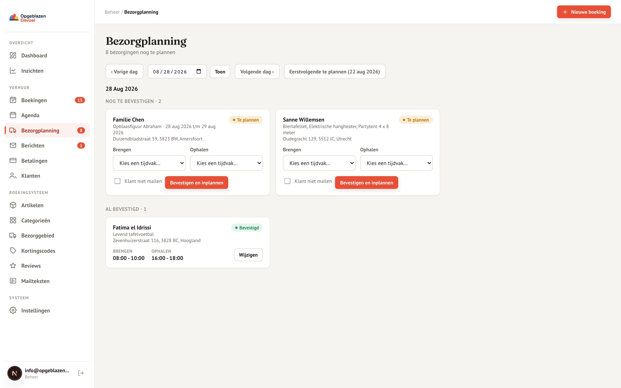 De bezorgplanning van een dag met adressen, tijden en wat er mee moet