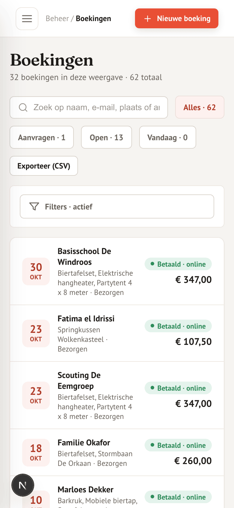 De boekingen van vandaag op de telefoon